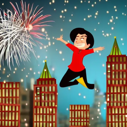 Image similar to visually striking character jumping between rooftops in a cool fashion during new years fireworks