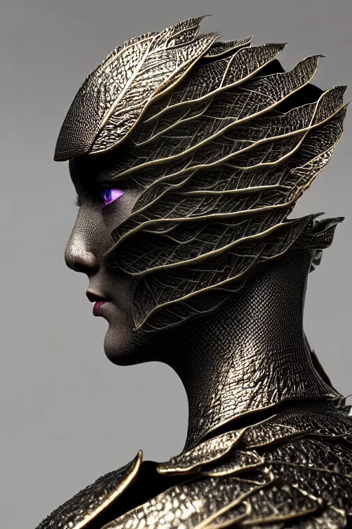 Image similar to close - up profile face, black background, beautiful young porcelain vegetal - dragon - cyborg - female, 1 5 0 mm, beautiful natural soft rim light, silver gold details, magnolia leaves and stems, roots, mandelbot fractal, elegant, hyper real, ultra detailed, white metallic armour, octane render, 1 6 k