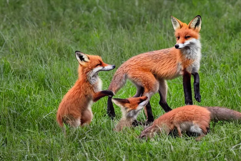 Image similar to Foxes playing in a meadow, fox pups, animal photography, close up shot