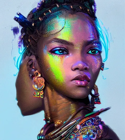 Image similar to beautiful intricate exquisite african princess realistic face, beautiful eyes, neon colors, drawing, in the style of greg rutkowski, fantasy, amazing detail, epic, intricate, elegant, smooth, sharp focus