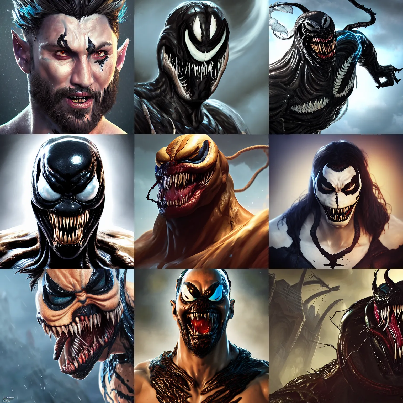 Image similar to An epic fantasy comic book style portrait painting of Venom, unreal 5, DAZ, hyperrealistic, octane render, cosplay, RPG portrait, dynamic lighting