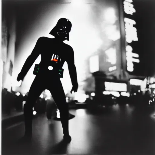 Prompt: Darth Vader Fosse, dancing in New York City at night. Lomography, light leak. 1983