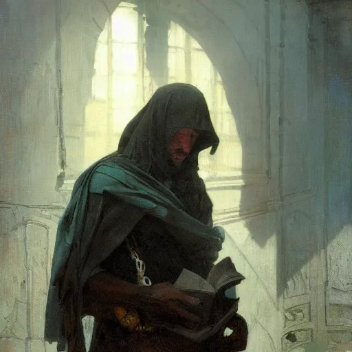 Image similar to half portait of magican wearing a closed cowl and big old book! chained to the wrist, jeremy mann, jean - leon gerome, tiepolo, alphonse mucha, greg rutkowski, face in the shadows, ( ( ruins of ancient rome ) ), at dusk, mysterious atmosphere, sunrays, dof, high detailed, 8 k