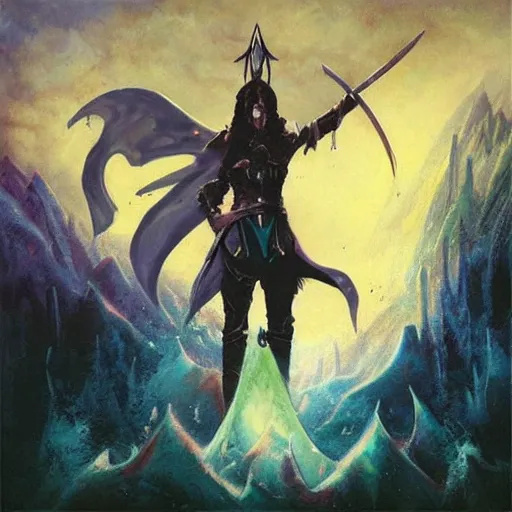 Image similar to a sword raised high, album art, cover art, poster, style of magic the gathering