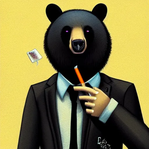 Image similar to a black bear wearing a suit and tie with a cigarette in his mouth, cyberpunk art by Cyril Rolando, featured on deviantart, furry art, furaffinity, smokey background, digital painting