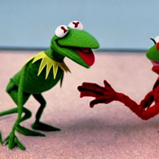 Prompt: kermit the frog fighting pee wee herman,