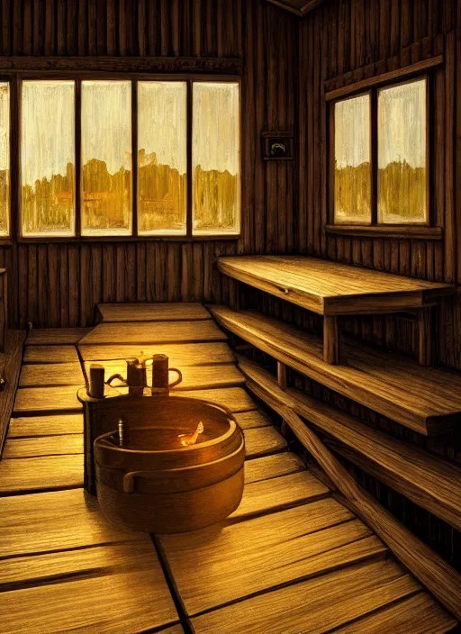 Image similar to finnish sauna, backround dark, highly detailed, digital illustration, trending in artstation, modern painting, smooth, sharp focus, intricate, einar jonsson, ilya repin