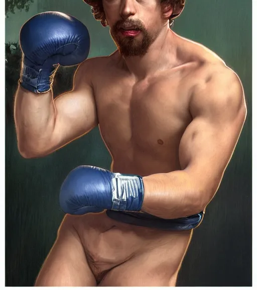 Image similar to Gigachad Sam Hyde ready for battle, boxing stance, wearing the gloves of death, sigma male, accurately portrayed, portrait art by alphonse mucha and greg rutkowski, highly detailed, digital painting, concept art, illustration, dim lighting with twilight rays of sunlight, trending on artstation, very detailed, smooth, sharp focus, octane render, close up