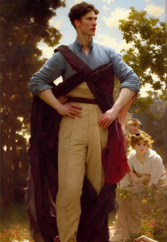 Image similar to attractive handsome fully clothed christopher tietjens confesses his love for attractive fully clothed valentine wannop. parades end. centered composition. highly detailed painting by gaston bussiere and j. c. leyendecker and william adolphe bouguereau and fra angelico and octane render, musee d'orsay 8 k