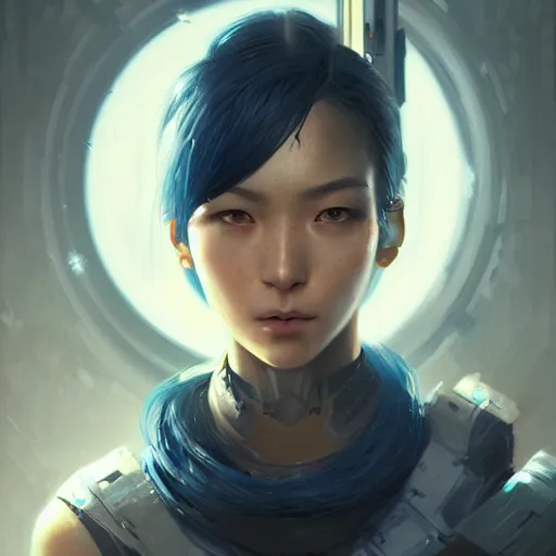 Image similar to Very detailed masterpiece painting of a young female asian cyberpunk warrior with dark blue hair, portrait, artstation, concept art by Greg Rutkowski