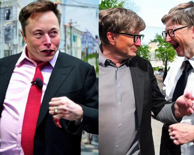 Prompt: elon musk and bill gates drunk fist fighting in the streets of volgograd