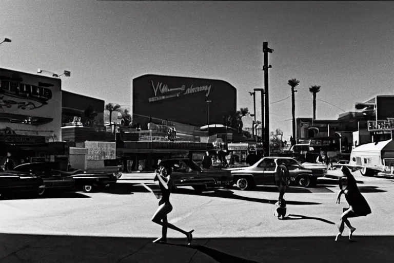 Image similar to 1 9 7 6 vegas street scene with a woman floating in the sky in the foreground, deep focus, intricate, elegant, highly detailed, matte, sharp focus, photography of gregory crewdson