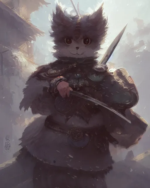 Image similar to whimsical fluffy warrior of hiyabusa square, scarf, sword and shield, close up, details, sharp focus, elegant, highly detailed, illustration, by jordan grimmer greg rutkowski wlop maya takamura, intricate, trending artstation, pixiv, digital art