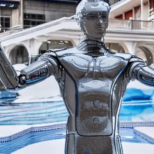 Image similar to made of ice, a realistic detailed photo of a guy who is an attractive humanoid who is half robot and half humanoid, who is a male android, on display, blank stare, showing off his muscles, shiny skin, posing like a statue, by the pool, frozen ice statue, f 1 driver max verstappen, humanoid robot