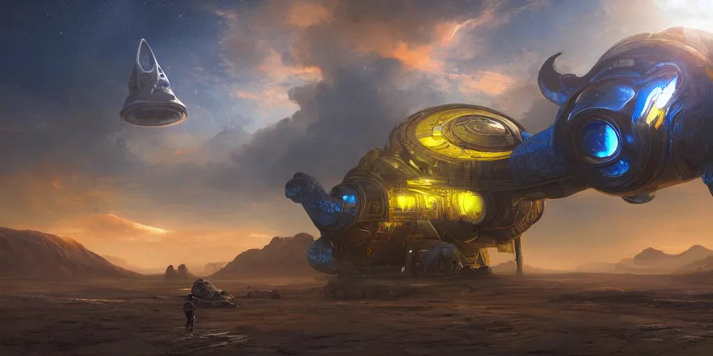 Image similar to legendary space ship, elephant shape, desert planet, alien technology, cinematic, highly detailed, large blue engines, scifi, yellow windows and details, hyper realism, intricate digital painting, red glow, gigantic landing pad, scifi base, artstation, by johnson ting, jama jurabaev