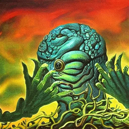 Prompt: deep sea plant life creature, black lagoon, amphibious, seaweed, coral, surreal painting, painted by dali,