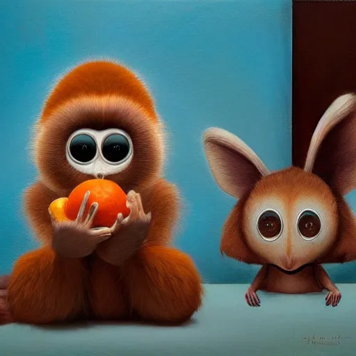 Prompt: hyper realistic cute fluffy big-eared brown Cheburashka with big eyes has giant mouse ears, looking at an orange, by Edward Hopper and James Gilleard, Zdzislaw Beksisnski, higly detailed