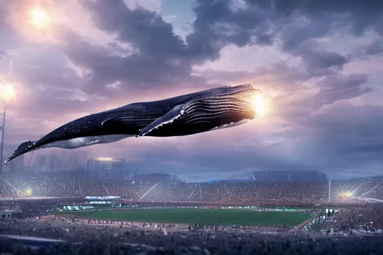 Image similar to a realistic cinematic still of humpback whale flying over the NFL Super Bowl Stadium cinematic lighting by Jessica Rossier