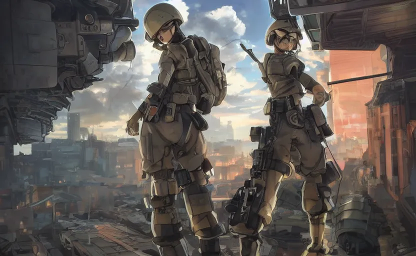 Image similar to bottom portrait of mechanized soldier girl, anime style, urban in background, soldier clothing, combat helmet, short hair, hair down, symmetrical facial features, from arknights, hyper realistic, 4 k, rule of thirds, extreme detail, detailed drawing, trending artstation, hd, d & d, realistic lighting, by alphonse mucha, greg rutkowski