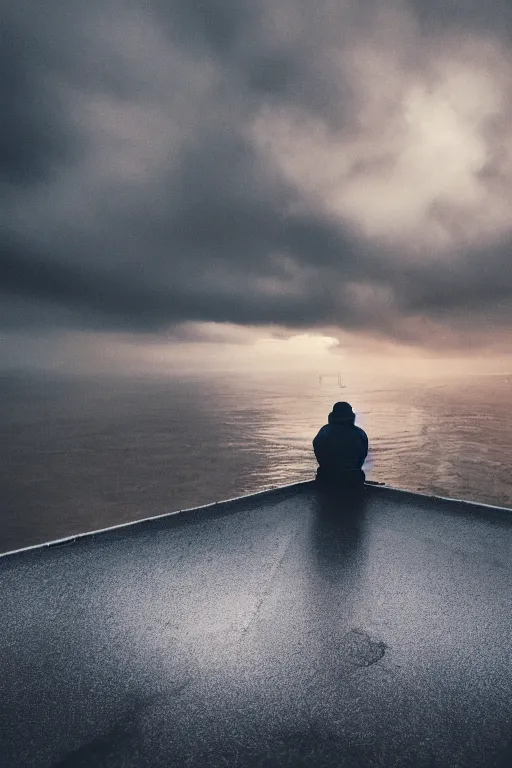 Prompt: Photo of a man sitting on the car roof in the heavy in front of the city that sank, raining, flood, hyper realistic, outdoor lighting, dynamic lighting, volumetric, wide angle, anamorphic lens, go pro, 4k