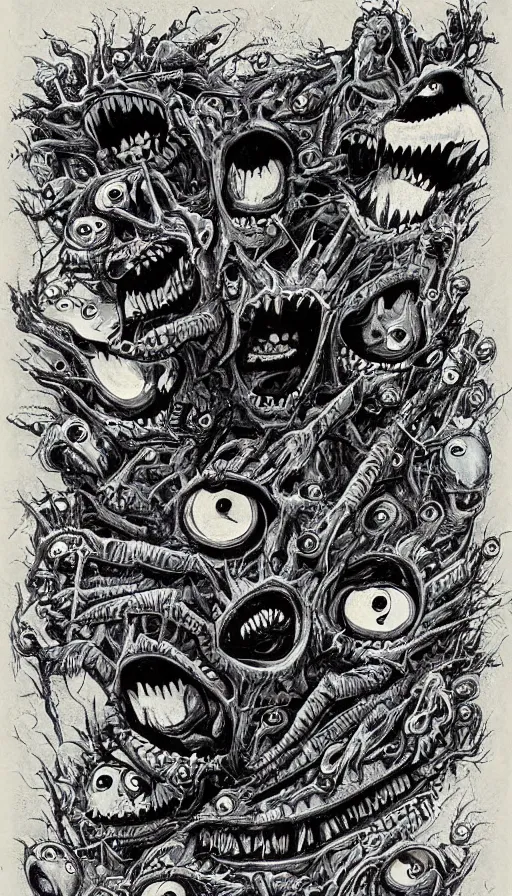 Image similar to a storm vortex made of many demonic eyes and teeth, by ed roth