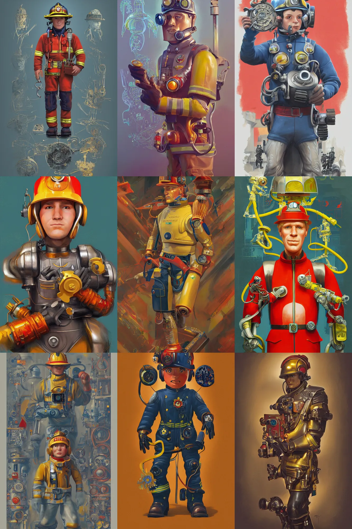 Prompt: Fireman Sam cyborg, art deco design, by Mandy Jurgens and Warhol, Ernst Haeckel, James Jean, artstation, concept art