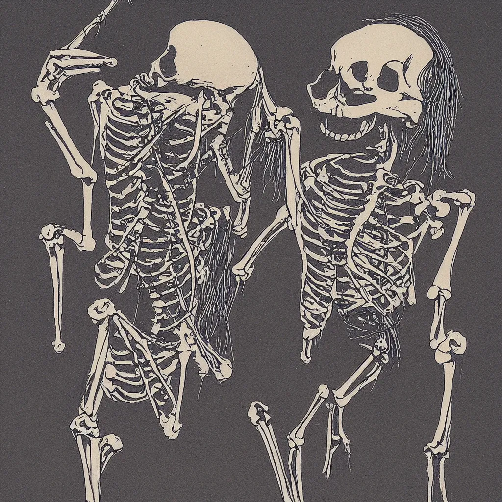 Image similar to vintage risograph of cartoon skeleton