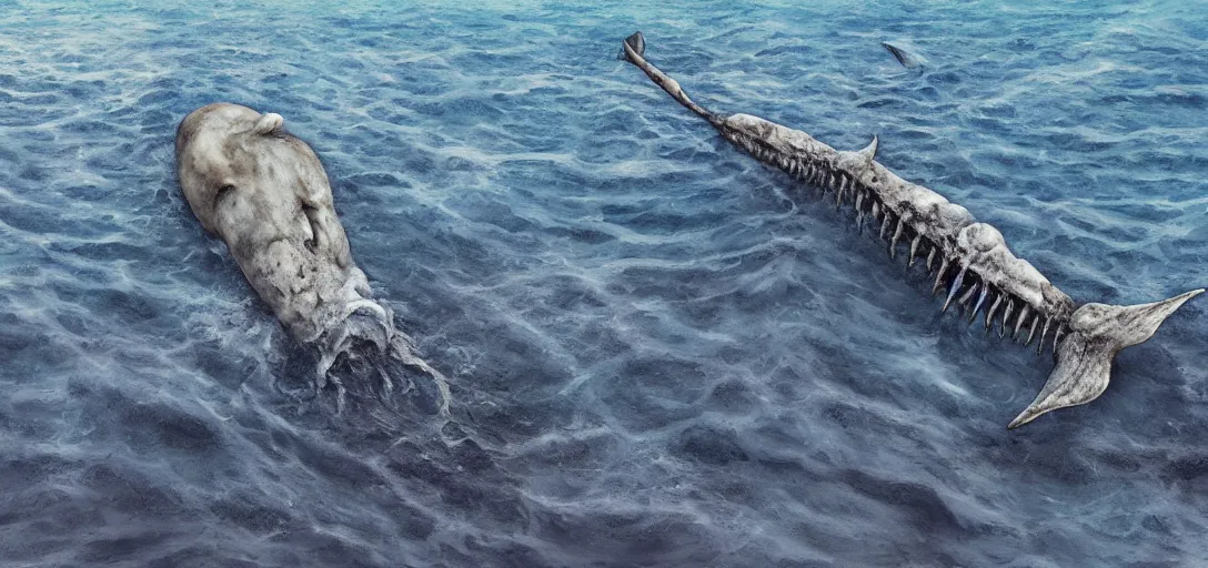 Image similar to a bleached bone skeleton of a narwhal that is leaping out of the ocean in the style of Keith Thompson and Christopher Bretz, highly detailed, digital painting, HDRI, vivid colors, high contrast, 8k resolution, intricate, photorealistic, smooth