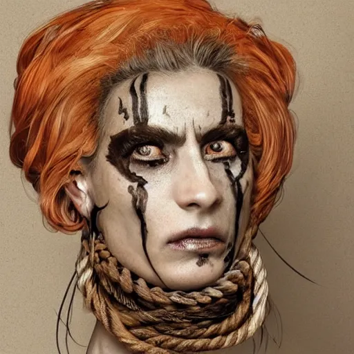 Image similar to portrait of a Shibari rope wrapped face and neck, headshot, insanely nice professional hair style, dramatic hair color, face paint half and half, digital painting, of a old 15th century, old cyborg merchant, amber jewels, baroque, ornate clothing, scifi, realistic, hyperdetailed, chiaroscuro, concept art, art by Franz Hals and Jon Foster and Ayami Kojima and Amano and Karol Bak,