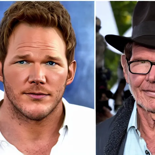 Prompt: chris pratt as indiana jones, selfie with older harrison ford, high detailed, symmetrical