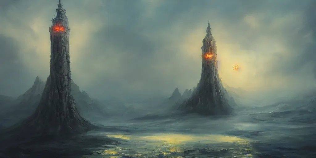 Image similar to an oil painting of a tower on the edge of forever, fantasy, hyper realistic, atmospheric lighting, cinematic, 8k,