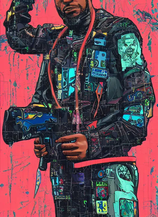 Image similar to chidi igwe. cyberpunk hacker in tactical jumpsuit. portrait illustration, pop art, splash painting, art by geof darrow, ashley wood, alphonse mucha, makoto shinkai