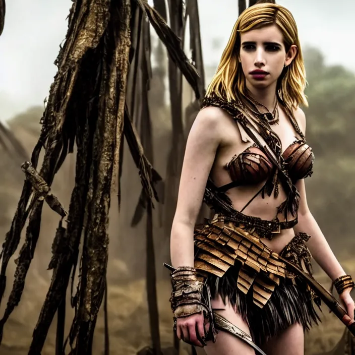 Prompt: full length photo of emma roberts as an amazon warrior, highly detailed, 4 k, hdr, smooth, sharp focus, high resolution, award - winning photo