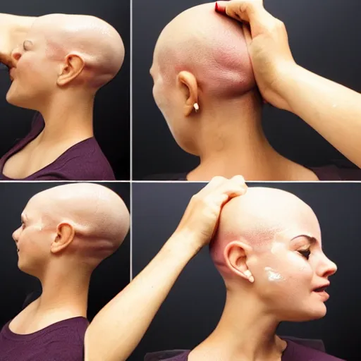 Prompt: sobbing young female halfway through shaving her head realistic photo