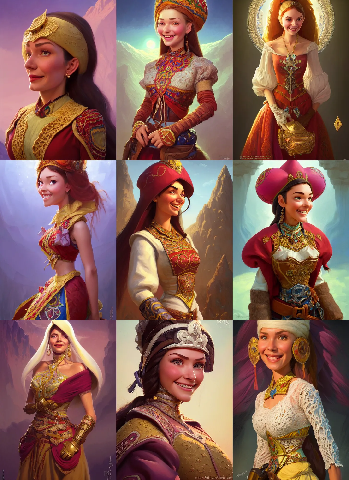 Prompt: portrait of russian mexican tatar smiling woman jodhpurs hyperborea lemuria, pixar doll deep focus, d & d, fantasy, intricate, elegant, highly detailed, digital painting, artstation, concept art, matte, sharp focus, illustration, hearthstone, art by rhads by artgerm and greg rutkowski and alphonse mucha