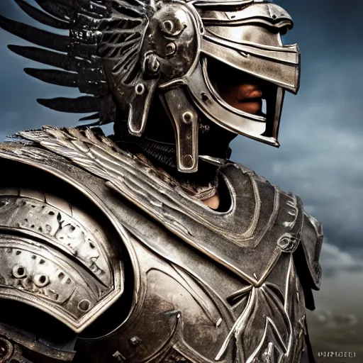 Image similar to warrior with metal eagle armour with wings , highly detailed, dramatic lighting, cinematic, 4k