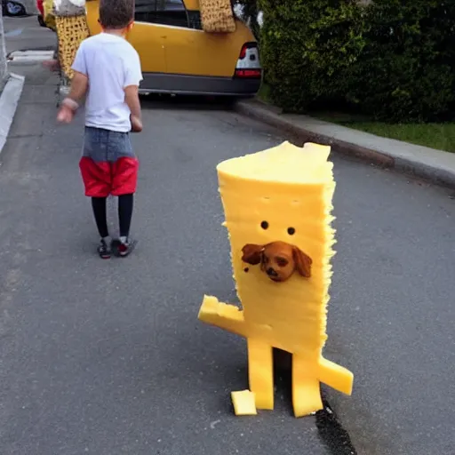 Image similar to boy made of cheese walks a dog made of cheese on a street made of cheese