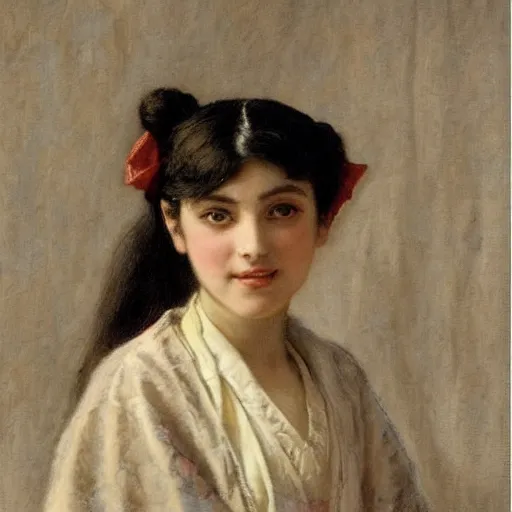 Image similar to orientalism portrait of a cute young woman with twin tails in maid uniform by Edwin Longsden Long and Theodore Ralli and Nasreddine Dinet and Adam Styk masterful intricate artwork