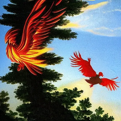 Prompt: Glowing Phoenix bird flying above a forest of pine trees painted by Caravaggio. High quality.