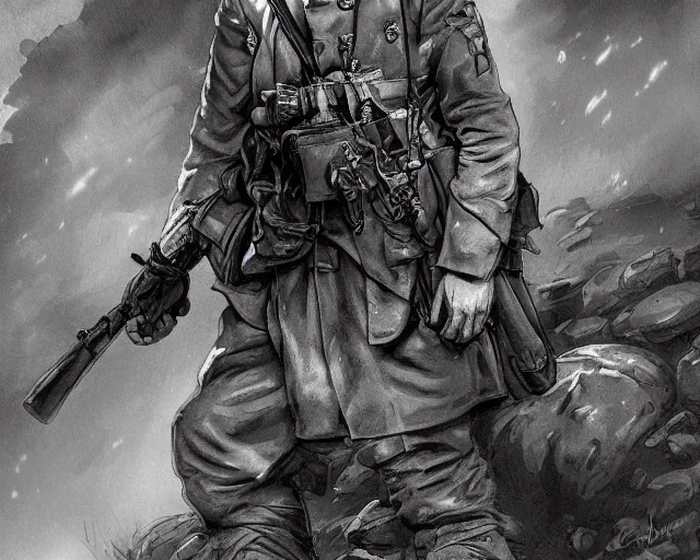 Image similar to A despaired soldier in a world war 1 trench, black and white, amazing digital art, hyper detailed, artstation, in the style of Tony Sart