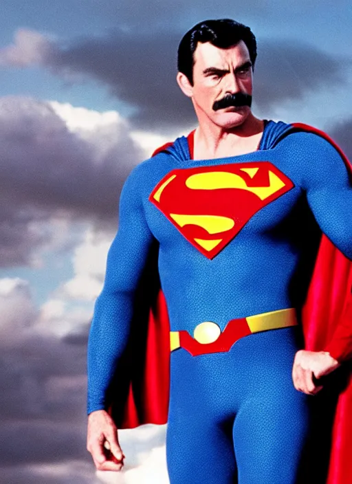 Image similar to film still of tom selleck as superman in superman, 4 k