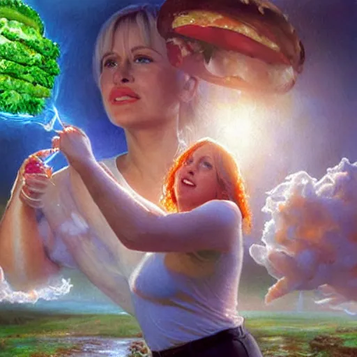 Prompt: portrait of patricia arquette eating giant hamburgers, extra bacon lettuce and tomatoes, ethereal volumetric light, hyperrealist, an oil painting by ross tran and thomas kincade