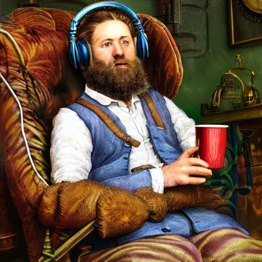 Prompt: a hyper-detailed photorealistic painting by Beatrix Potter of a short-bearded wild-haired man wearing a tie-dye t-shirt, wearing steampunk headphones and sitting in an overstuffed easy chair in his sunlit vliving room, holding a coffee cup and several donuts and smoking a steampunk hookah, pleasant psychedelic color scheme, perfect eyes, IBEX masters, octane render, unreal engine