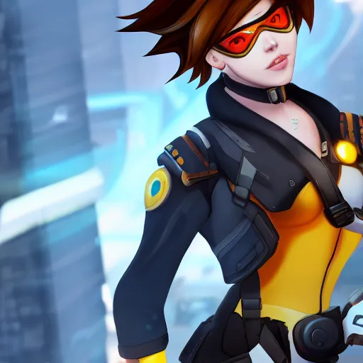 Image similar to digital painting of tracer overwatch wearing leather collar, standing in city area, 4 k, realistic,