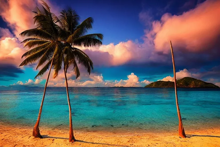 Image similar to amazing landscape photo of beach with coconut trees and turquoise water by marc adamus, beautiful, dramatic lighting