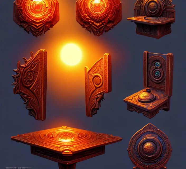 Prompt: subsurface scattering, isometric orthographic game art of athas style furniture, brom's amazing d & d dark sun art, digital painting by brom, vibrant, brom, intricate details, beautiful, volumetric lighting, ultrarealistic, cgsociety, artstation, by brom, 8 k, blank background