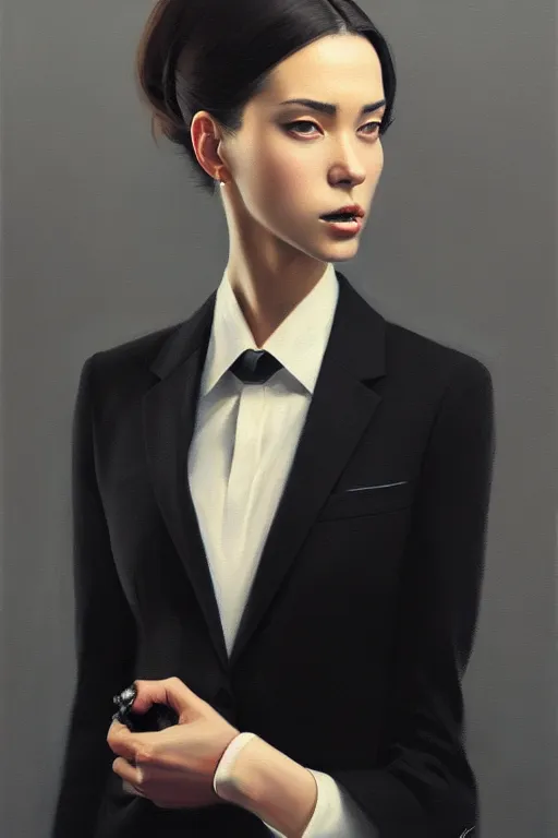 Image similar to a ultradetailed beautiful portrait panting of a stylish woman wearing a black loose fit suit with a tie, oil painting, by ilya kuvshinov, greg rutkowski and makoto shinkai, trending on artstation