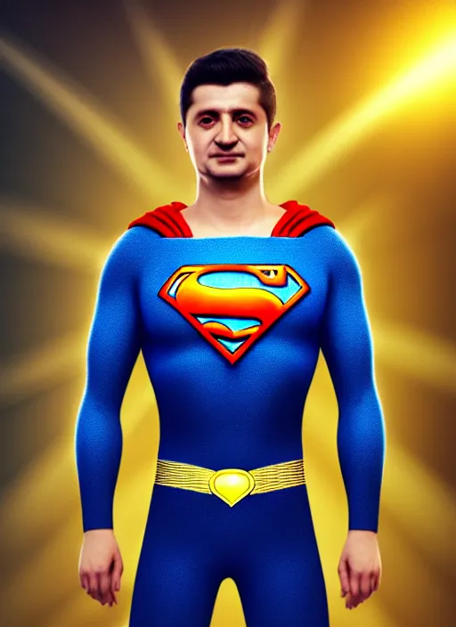 Image similar to volodymyr zelenskyy, ukrainian superman, ukrainian national clothes, portrait of young man, remove s on body and put u, 8 k ultra realistic, lens flare, atmosphere, glow, detailed, intricate, full of colour, led lighting, 4 k, hyperrealistic, focused, extreme details, unreal engine 5, masterpiece