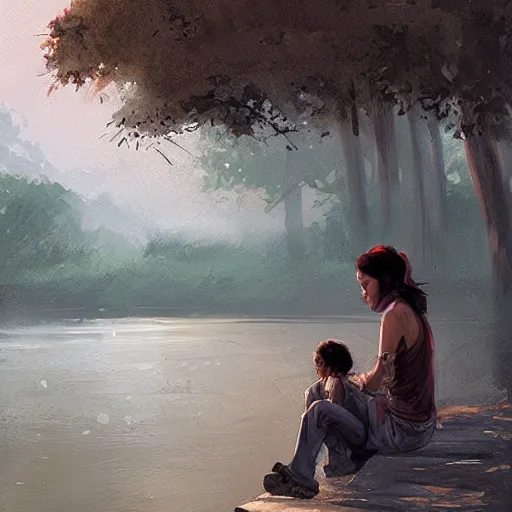 Image similar to clementine from walking dead sitting by a river with jj by greg rutkowski