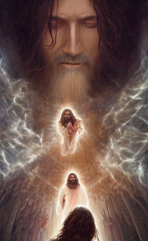 Prompt: jesus looking into a portal hopping and time warping with reckless abandon, surrounded by thousands of angels, masterpiece digital painting by Greg Rutkowski, Alex Grey, artstation, 4k wallpaper